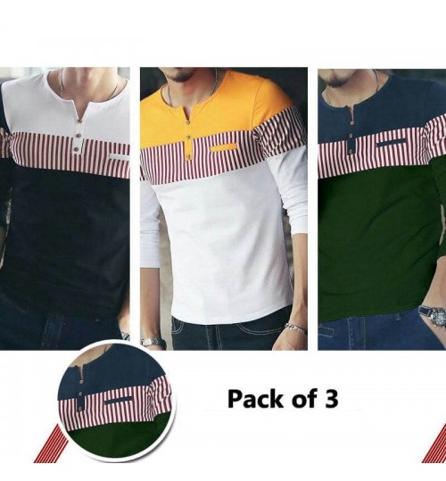 Pack of 3 Chest Strip Button U-neck T-shirts